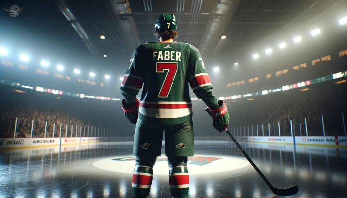 Brock Faber, Minnesota Wild defenseman, skates with the puck