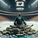Minnesota Wild defenseman Brock Faber sitting on a stack on money thinking about his next contract
