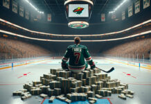 Minnesota Wild defenseman Brock Faber sitting on a stack on money thinking about his next contract
