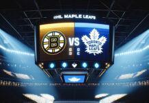 Boston Bruins and Toronto Maple Leafs logos on a scoreboard previewing game 4