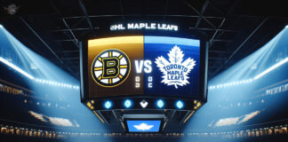 Boston Bruins and Toronto Maple Leafs logos on a scoreboard previewing game 4