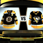 Boston Bruins and Pittsburgh Penguins logos facing off on a hockey rink