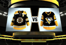 Boston Bruins and Pittsburgh Penguins logos facing off on a hockey rink