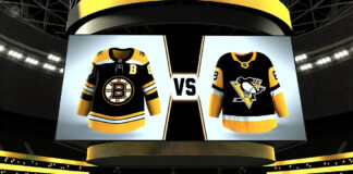 Boston Bruins and Pittsburgh Penguins logos facing off on a hockey rink