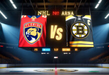 Boston Bruins and Florida Panthers hockey teams facing off on the ice.