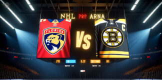 Boston Bruins and Florida Panthers hockey teams facing off on the ice.