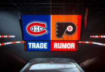 Canadiens and Flyers logos with the headline "Blockbuster Trade Rumors Swirl"
