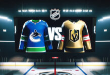 Vancouver Canucks and Vegas Golden Knights jerseys facing off on a hockey rink
