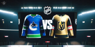Vancouver Canucks and Vegas Golden Knights jerseys facing off on a hockey rink