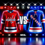 Capitals and Rangers logos facing off on a hockey rink