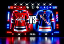 Capitals and Rangers logos facing off on a hockey rink