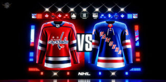 Capitals and Rangers logos facing off on a hockey rink
