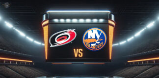 Carolina Hurricanes and New York Islanders hockey teams facing off on the ice