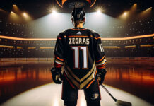 Trevor Zegras, Anaheim Ducks, looks on in frustration.