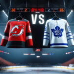 New Jersey Devils and Toronto Maple Leafs jerseys hanging on an NHL scoreboard.