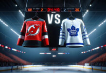 New Jersey Devils and Toronto Maple Leafs jerseys hanging on an NHL scoreboard.