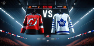 New Jersey Devils and Toronto Maple Leafs jerseys hanging on an NHL scoreboard.