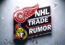 Detroit Red Wings and Ottawa Senators logo on a sign with the words NHL trade rumor