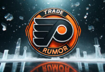 Picture of the Philadelphia Flyers logo with the word NHL trade rumor around it