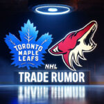 NHL Trade Rumors: Clayton Keller for Mitch Marner – Could it Happen? Toronto Maple Leafs and Salt Lake City logo on a ice rink with the words NHL trade rumor showing