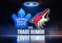 Toronto Maple Leafs and Salt Lake City logo on a ice rink with the words NHL trade rumor showing