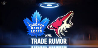 Toronto Maple Leafs and Salt Lake City logo on a ice rink with the words NHL trade rumor showing