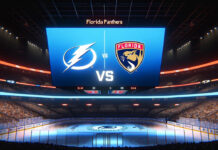 Tampa Bay Lightning, Florida Panthers logo on a scoreboard previewing game 5 of the playoffs