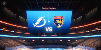 Tampa Bay Lightning, Florida Panthers logo on a scoreboard previewing game 5 of the playoffs
