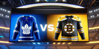 Toronto Maple Leafs and Boston Bruins jerseys clashing on a scoreboard.