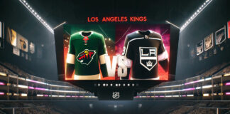 A close-up photo of the Minnesota Wild and Los Angeles Kings logos on a NHL scoreboard.
