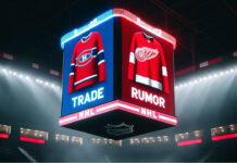 Montreal Canadiens, Detroit Red Wings jerseys being displayed on an NHL scoreboard.