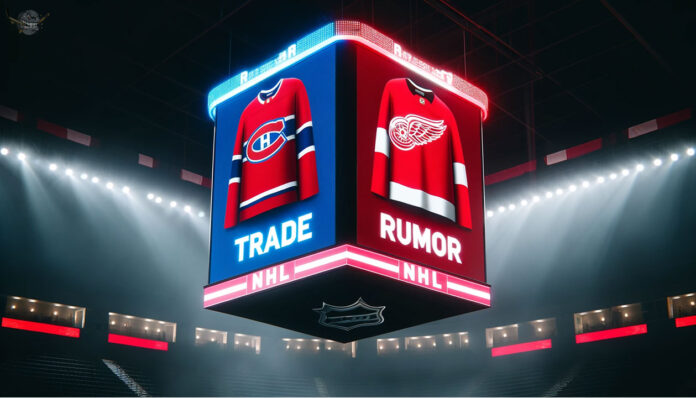Montreal Canadiens, Detroit Red Wings jerseys being displayed on an NHL scoreboard.