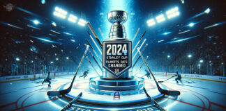 NHL logo with text overlay: 2024 Stanley Cup Playoffs Start Date Changed