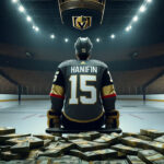 Noah Hanifin sitting on a stack of money excited about his new contract with the Vegas Golden Knights