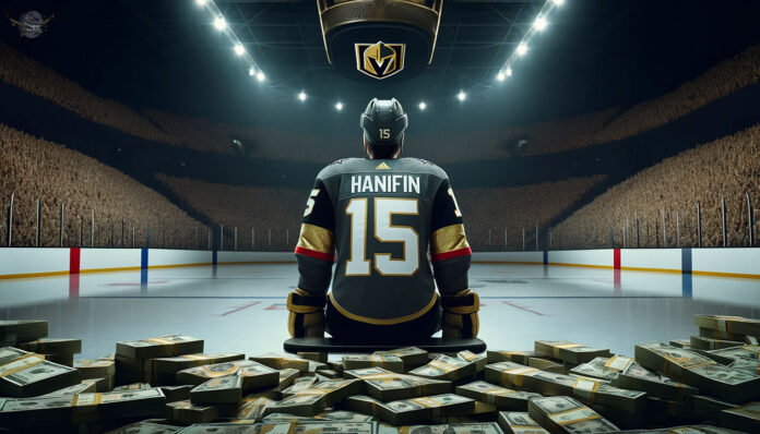 Noah Hanifin sitting on a stack of money excited about his new contract with the Vegas Golden Knights