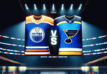 St. Louis Blues and Edmonton Oilers jerseys showing on a scoreboard