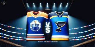 St. Louis Blues and Edmonton Oilers jerseys showing on a scoreboard