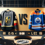 Edmonton Oilers and Vegas Golden Knights jerseys hanging from an NHL scoreboard
