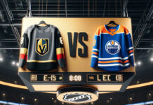 Edmonton Oilers and Vegas Golden Knights jerseys hanging from an NHL scoreboard