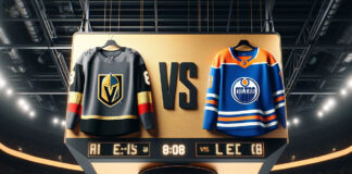 Edmonton Oilers and Vegas Golden Knights jerseys hanging from an NHL scoreboard