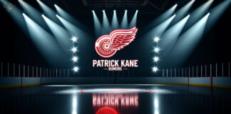 Detroit Red Wings logo with a headline of Patrick Kane rumors