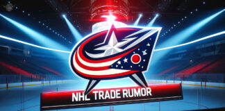 Picture of the Columbus Blue Jackets logo with a hockey arena in the background and the words NHL trade rumor below the logo