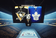Penguins and Maple Leafs players battling for the puck.