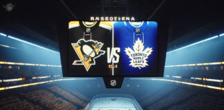 Penguins and Maple Leafs players battling for the puck.