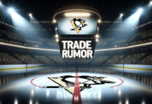 Pittsburgh Penguins logo on a scoreboard with the words Trade Rumor