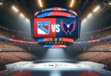 New York Rangers and Washington Capitals hockey teams faceoff in playoff game.