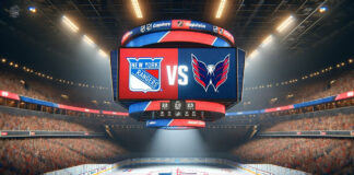New York Rangers and Washington Capitals hockey teams faceoff in playoff game.