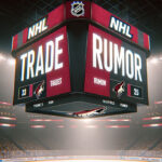 NHL trade rumors for the Arizona Coyotes with the words Trade and Rumor showing on an NHL scoreboard
