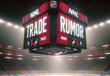 NHL trade rumors for the Arizona Coyotes with the words Trade and Rumor showing on an NHL scoreboard