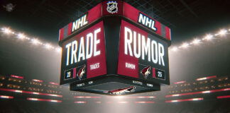 NHL trade rumors for the Arizona Coyotes with the words Trade and Rumor showing on an NHL scoreboard